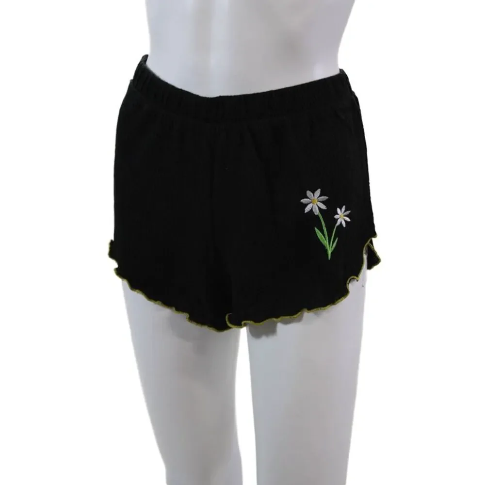 Emerson Road Womens Floral Embroidered Sleepwear Top + Short Set Black Size XS